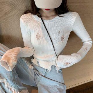 Distressed Long-sleeve Slim-fit Knit Top