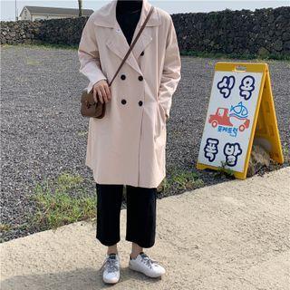 Long-sleeve Plain Double-breasted Long Trench Jacket