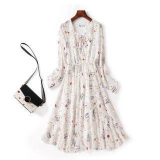 Puff-sleeve Printed Midi A-line Dress