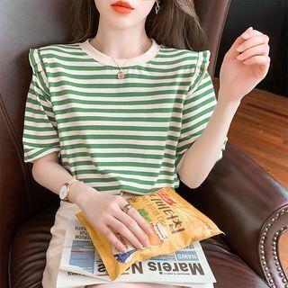 Short-sleeve Striped Ruffle Trim T-shirt