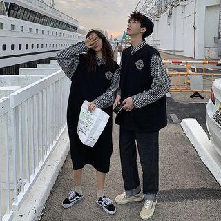Couple Matching V-neck Knit Vest / Crew-neck T-shirt / Plaid Shirt / V-neck Sleeveless Knit Dress