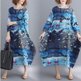 Printed Long-sleeve Midi Dress As Shown In Figure - One Size