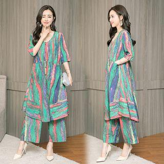 Set: Elbow-sleeve A-line Dress + Wide Leg Pants
