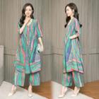 Set: Elbow-sleeve A-line Dress + Wide Leg Pants