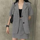 Short-sleeve Single-breasted Plaid Blazer / Mini A-line Skirt / Cropped Camisole Top