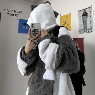 Lettering Embroidered Half-zip Fleece Hoodie White & Gray - One Size