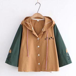 Color Block Embroidered Hooded Buttoned Jacket