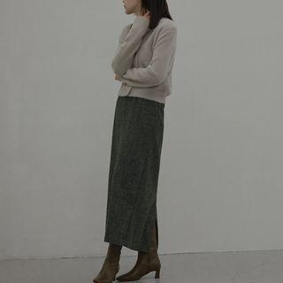 Band-waist Herringbone Maxi Skirt Dark Khaki - One Size
