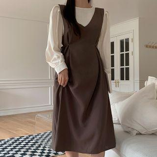 Set: Puff-sleeve Blouse + V-neck Tie-waist Dress