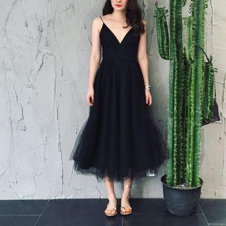 Spaghetti Strap V-neck Mesh Midi A-line Dress