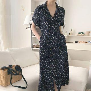 Short-sleeve Floral Print Button-up Midi Dress