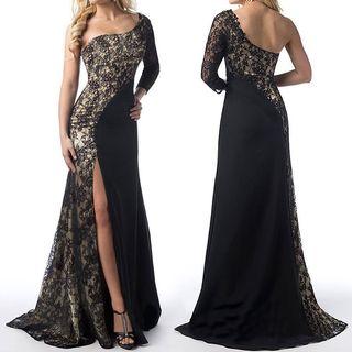 Lace Panel Single Shoulder Evening Gown