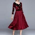3/4-sleeve Embroidered Velvet Pleated Midi Dress