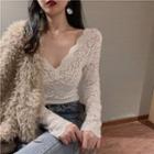 Wide-neck Sheer Lace T-shirt White - One Size