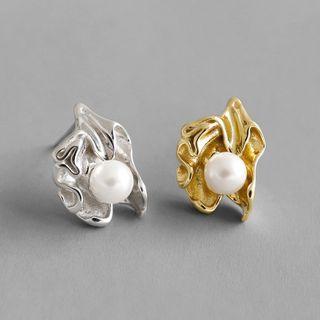 925 Sterling Silver Ruffle Disc Faux Pearl Stud Earring
