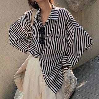 Long Sleeve Pinstripe Oversized Shirt Black & White - One Size