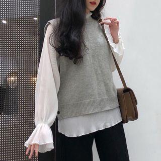 Plain Sweater Vest/ Bell-sleeve Chiffon Blouse