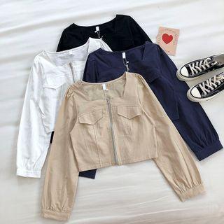 Plain Square-neck Zipper Long-sleeve Blouse