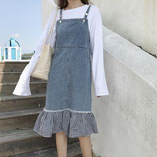 Plaid Hem Spaghetti Strap Denim Pinafore