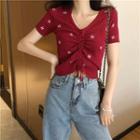 Short-sleeve Embroidered Drawstring Knit Top