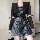 Spaghetti Strap Faux Leather Cutout A-line Dress / Cropped Blazer / Set