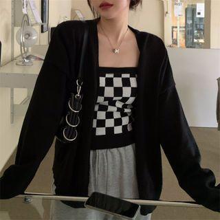 Checkered Knit Camisole Top / Plain Cardigan