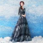 Long-sleeve Embroidery Gather-waist Evening Gown