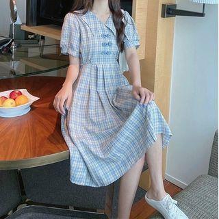 Short Sleeve Peter Pan Collar Plaid A-line Dress