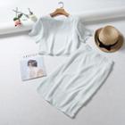 Set: Dotted Short-sleeve Chiffon Top + Chiffon Straight-fit Skirt