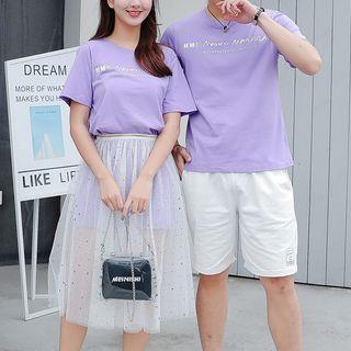 Couple Matching Set: Printed Short-sleeve T-shirt Dress + Mesh Skirt / Printed Short-sleeve T-shirt / Applique Shorts