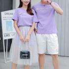 Couple Matching Set: Printed Short-sleeve T-shirt Dress + Mesh Skirt / Printed Short-sleeve T-shirt / Applique Shorts