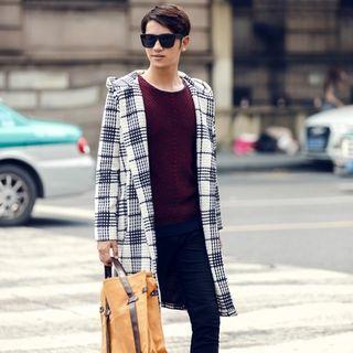 Hooded Plaid Single Button Coat