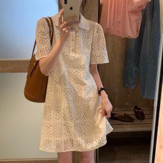 Short-sleeve Lace Shift Polo Dress