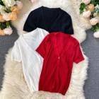Short-sleeve V-neck Ribbed Cardigan