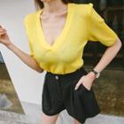 Deep V-neck Rib-knit Top