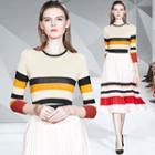 Set: Color Block Striped Knit Top + Accordion Pleated Midi Skirt