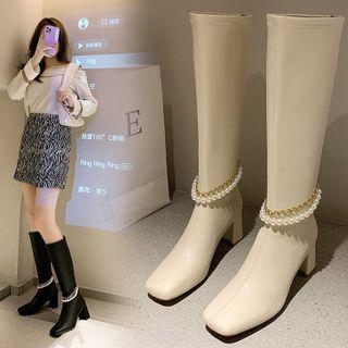 Faux Pearl Chunky-heel Tall Boots
