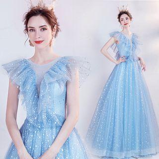 Sleeveless Starry Mesh Ruffled A-line Gown