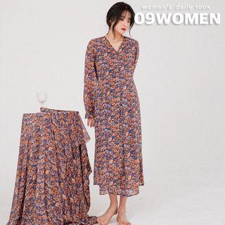 Plus Size V-neck Tie-waist Long Floral Dress