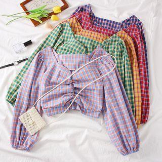 Ruched Plaid Crop Blouse