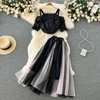 Set: Short-sleeve Cold-shoulder Crop Top + Mesh Midi A-line Skirt Black - One Size