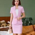 Buckle Detail Short-sleeve Blazer / Mini Pencil Skirt / Dress Pants / Set