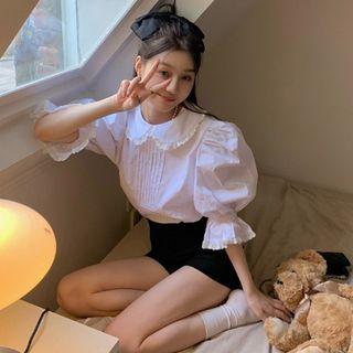 Puff-sleeve Ruffle Trim Pintuck Blouse / Shorts