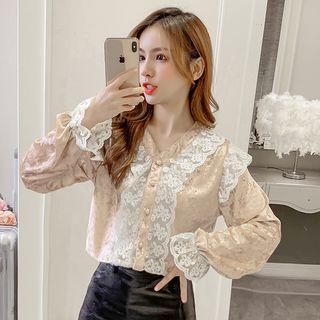 Bell-sleeve Lace Trim Velvet Top