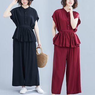 Set: Cap-sleeve Peplum Blouse + Plain Wide Leg Pants