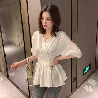 Elbow-sleeve V-neck Sheer Peplum Blouse