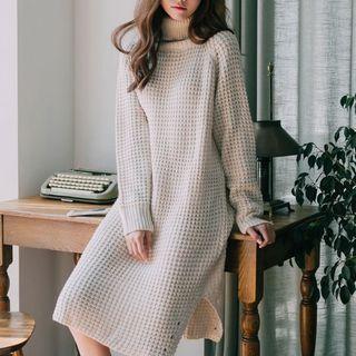 Turtleneck Long-sleeve Midi Knit Dress Almond - One Size