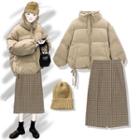 Rib Knit Beanie / Plaid A-line Midi Skirt / Drawstring Padded Zip Jacket