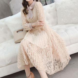 Set: Plain Slipdress + Midi Long-sleeve Lace Dress