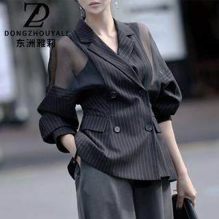Mesh Panel Striped Double-breasted Blazer